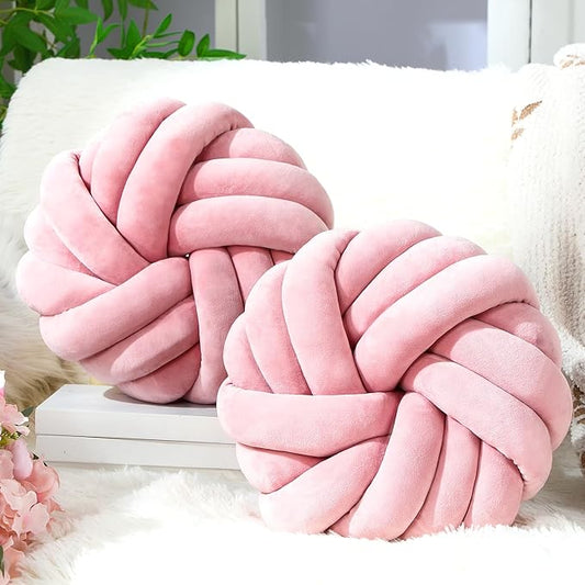 Fumete 2 Pcs 14 Inches Knot Pillow Round Throw Soft Plush Knot Ball Pillow Handmade Knotted Modern Home Decorative Cushion for Bed Bedroom, Sofa, Couch (Light Pink)