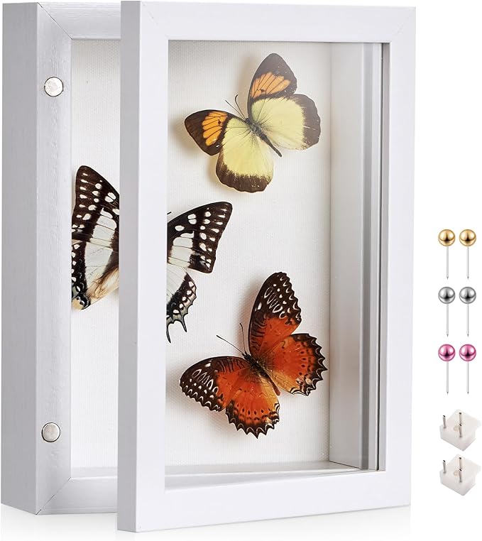 5x7 Deep Shadow Box Picture Frame Display Case with Linen Back and Stand,Real Glass Small Mini White Shadow Memory Box Frame 5x5 for Insect Display Pet Photo Memorial Flower Art Craft Gift