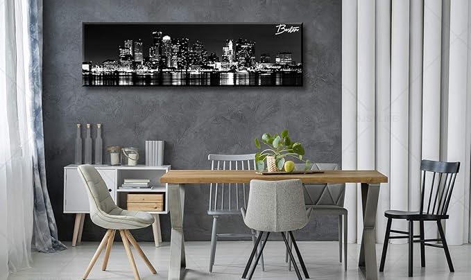 DJSYLIFE Boston Skyline Wall Art Canvas Wall Art Black and White Modern Panoramic Cityscape Pictures Paintings for Bedroom Office Decor, Ready to Hang 13.8"x47.3"