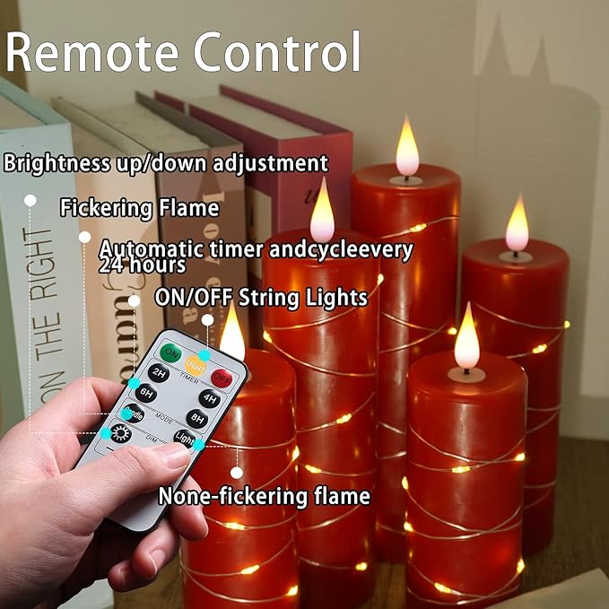 Red Flameless Candle with Remote Control LED Candle with String Lights Battery Powered Flameless Candle4'' 5'' 6'' 7'' 8'' Candles of 5 Pcs