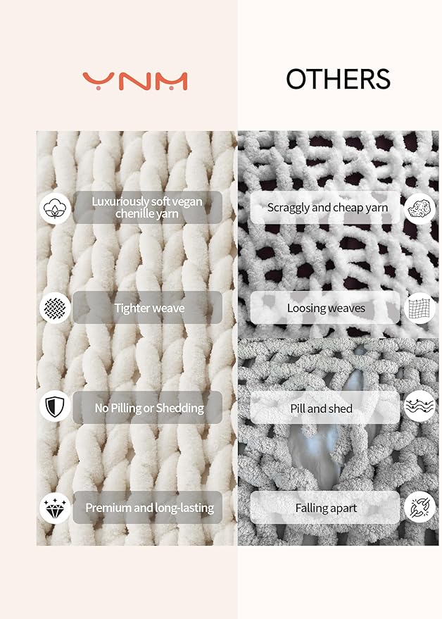 YnM Chunky Throw Blanket, Medium-Weight, Hand Knitted with Chenille Yarn, Skin Friendly, Ventilated and Breathable, Machine Washable, Home Décor Piece for Couch Sofa and Bed (Butter Cream, 80x87 Inch)