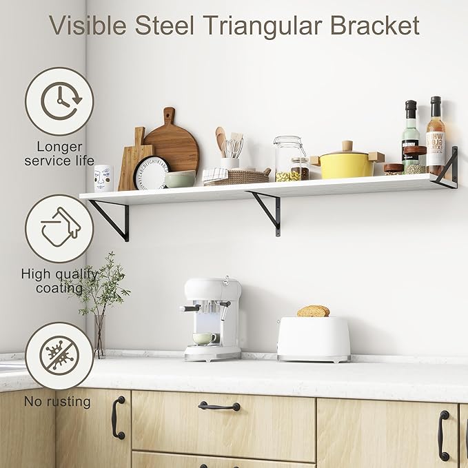 Fun Memories Deep Floating Shelves, 55W x 12D Floating Shelves for Wall, Wood White Floating Shelf with Bracket, Wide Display & Storage Wall Shelves for Living Room, Bedroom,