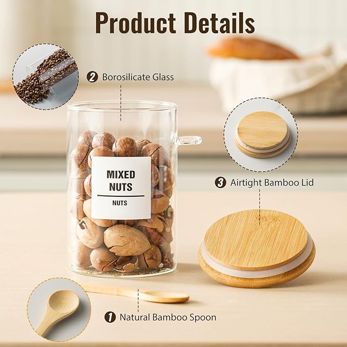 6 Pack 32oz Glass Jars with Bamboo Lids,Glass Storage Containers with Lids,Clear Airtight Food Storage Jar for Coffee,Tea,Sugar,Flour,includes 168 Pantry Labels & Spoons,3mm Thick Canisters