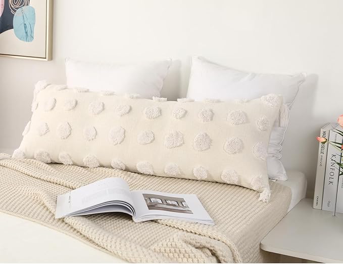 PANOD Decorative Long Lumbar Pillow Cover 16x36 Boho,Super Soft Chenille Extra Long Lumbar Pillow Case Cover with Tassel for Bed Sofa Couch Farmhouse Livingroom,White,Modern Skinny