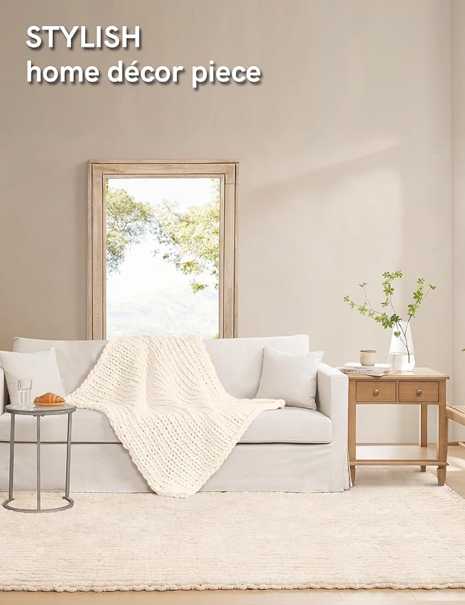 YnM Chunky Throw Blanket, Medium-Weight, Hand Knitted with Chenille Yarn, Skin Friendly, Ventilated and Breathable, Machine Washable, Home Décor Piece for Couch Sofa and Bed (Butter Cream, 80x87 Inch)