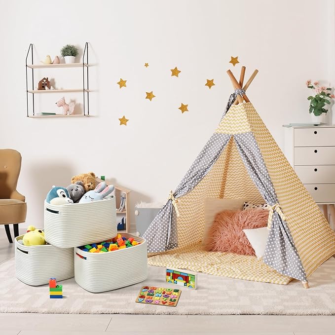 Storage Basket - Woven Cotton Rope Baskets for Organizing, Decorating Shelves, Books, Towels, Toys - 3 Pack - White