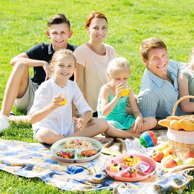 9" Unbreakable Divided Plates Set of 5, Wheat Straw Plate Reusable Dinnerware Portion Control Plates, Round Bariatric Plastic Plate for Kids Adults, BPA-free, Dishwasher Safe