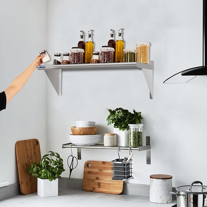 HARDURA Stainless Steel Shelf 18" x 24", 297lb Commercial Shelves Wall Mount Metal Shelving with Backsplash and Brackets for Kitchen, Restaurant, Laundry Room and Home