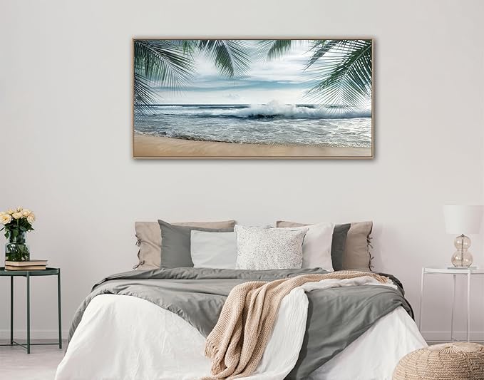 Framed Tropical Beach Wall Art - Ocean Waves Canvas Pictures Coastal Blue Sky and Sea Print Seaside Palm Tree Leaves Scene Painting Artwork Living Room Bedroom Office Home Decor 29" x 58"
