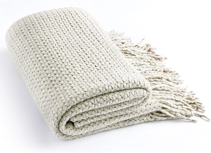 Blagic Grey and White Knit Throw Blanket with Tassel| Home Decor Blanket| Holiday Throw| Wrap Shawl Scarf, Lightweight Soft Cozy Warm Fluffy, Wheat Textured, 50" W x 60" L
