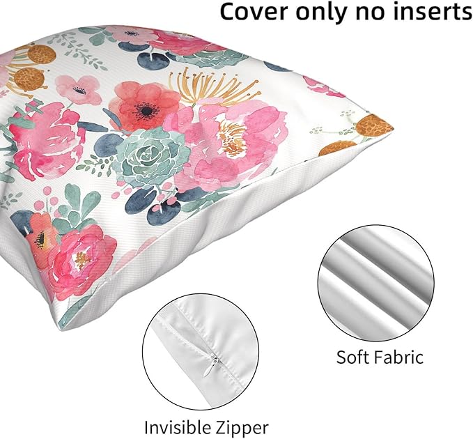CXMEIFLY Spring Floral Pillow Covers 16 x 16 Inch Set of 2 for Watercolor Pink Flowers Decor Throw Pillows Green Leaves Plant Outdoor Decorative Cushion Cases with Zipper for Couch Bed Decorations
