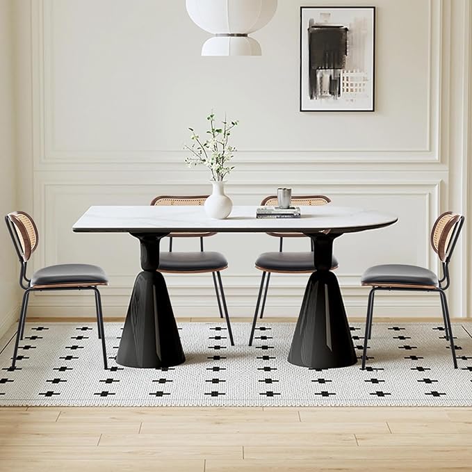 Rattan Dining Chairs Set of 2, Mid Century Modern Dining Chairs with Cane Back for Kitchen Dining Room, 19 Inch Faux Leather Black