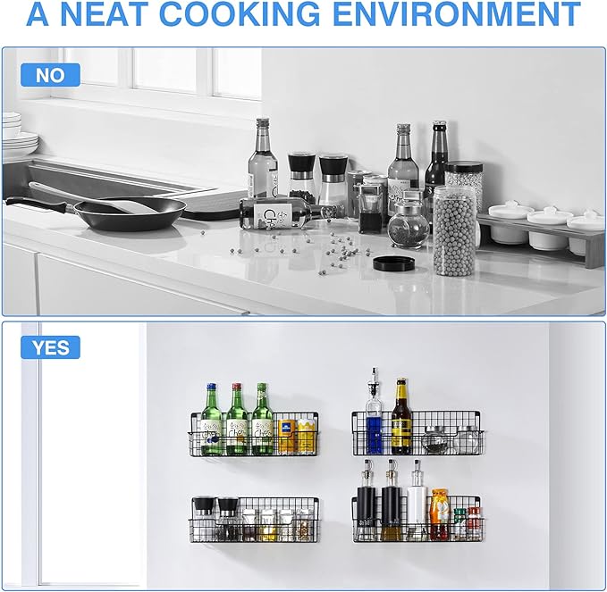 Spice Rack Wall Mount, Spice Organizer for Cabinet & Pantry Door, Set of 4 Hanging Spice Rack Saving Space for Kitchen, Black