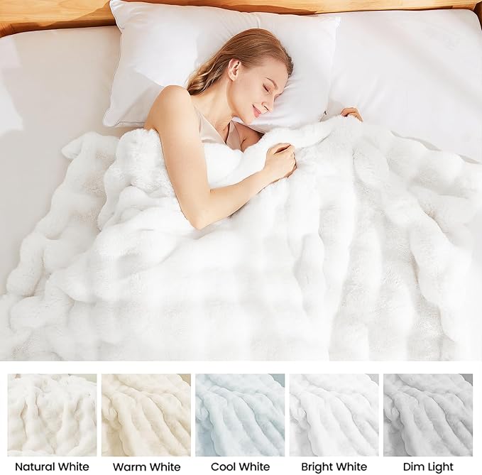 Latepis White Throw Blanket for Couch, Soft Faux Fur Bubble Blankets for Sofa Bedroom Living Room, Cozy Warm Fluffy Blanket for Winter, Great Birthday Gift Selection, 50x60 Inch, 860GSM