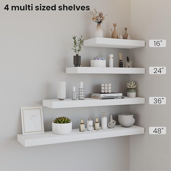 Floating Wood Shelves for Wall 16 Inches x 8”x 1.4” Shelf Floating Home Decor, Heavy Duty Shelf Hold 35 lbs, Wall Shelves for Bathroom Living Room Kitchen Bedroom Office - Set of 2 White