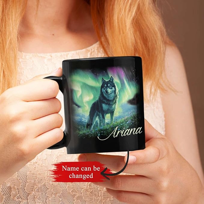 Personalized Husky With Northern Lights Coffee Mug, Custom Name Black Cup 11oz 15oz, Customized Cute Husky Dog Ceramic Mug, Gift For Animal Lovers, Beautiful Landscape Keepsake Cup