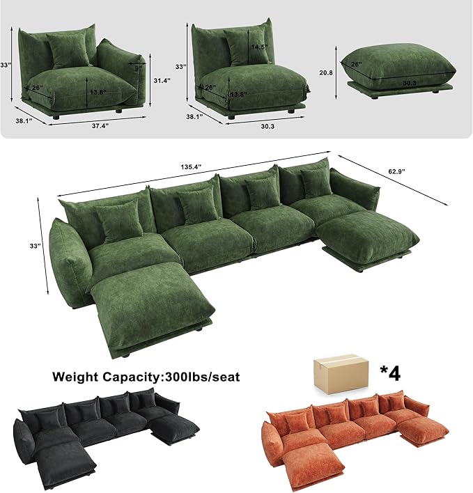 Modern Minimalist Chenille Modular Sectional Sofa, Oversized Deep-Seat U-Shaped Couch with Movable Ottoman, Thick Cushions, Upholstered Sofa for Living Room, Bedroom, Office, Apartment Green 2 Ottoman