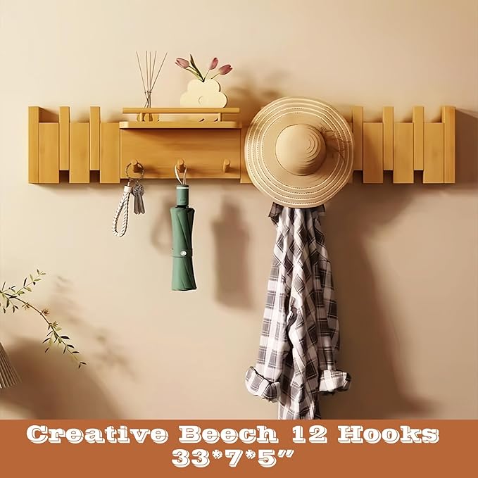 Wall Mounted Piano Key Hanger | Flip Style Hook | Entrance Wall Art Hook, Made of Oak Wood (3 Times Painted, 4 Times Polished) (Fence Beech, 12Hooks)