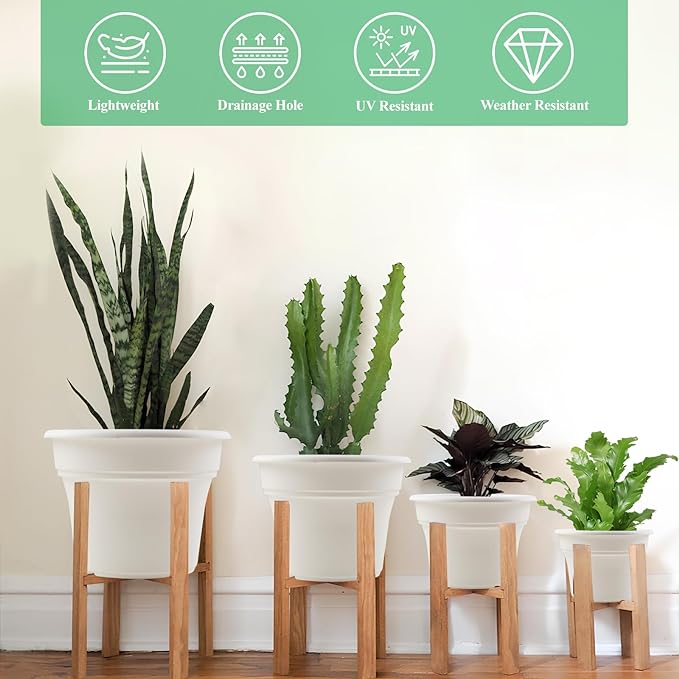 16 inch Plastic-Flower-Pot-for-Indoor-Plants, 4 Pack Large Outdoor Planter Pot with Drainage Holes & Saucers, Resin Decorative Garden Pots Planters