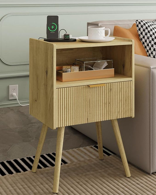 Nightstand,Modern Bedside Table with Storage Drawer and Open Wood Shelf, Accent Night Stand with Solid Wood Legs for Living Room, Bedroom and Small Spaces,Easy Assembly (Yellow Oak-Outlet)