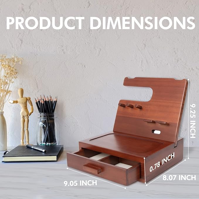 Solid Wood Nightstand Organizer by SolaJoy, Docking Station, Gifts for Men, Made of Cedar, Versatile Bedside Table Organizer for Cellphone, Watch, Headphone, Keys Walnut Wood