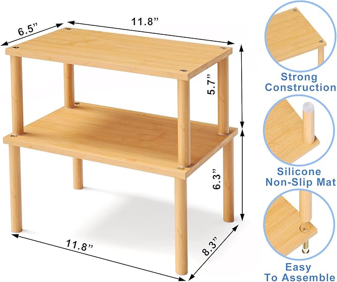 Cabinet Organizer Shelf(Set of 2),Kitchen Counter Shelves,Bamboo Stackable Expandable Spice Rack Countertop(Medium)