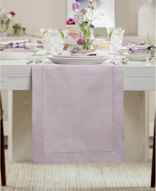 Solino Home Linen Lilac Table Runner 90 Inches Long - 100% Pure Linen Hemstitch 14 x 90 Inch Table Runner for Dining - Classic Hemstitch