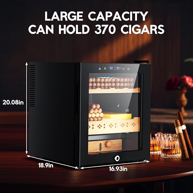 Tylza Cigar Humidor Cabinet 50L, Temp & Humidity Control Electric Humidors for Cigars, 370 Cigars, Digital Hygrometer, Safety Lock, Cigar Humidors with Cedar Wood Drawer Shelves, Cigar Gifts for Men
