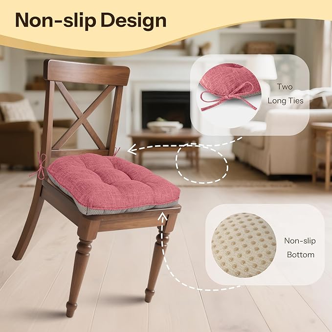 Non Slip Chair Cushions for Dining Chairs Set of 4 Kitchen Chair Cushions 18"x18"x3" Turfted Chair Pads Comfortable and Soft Seat Cushion with Ties (Pink)
