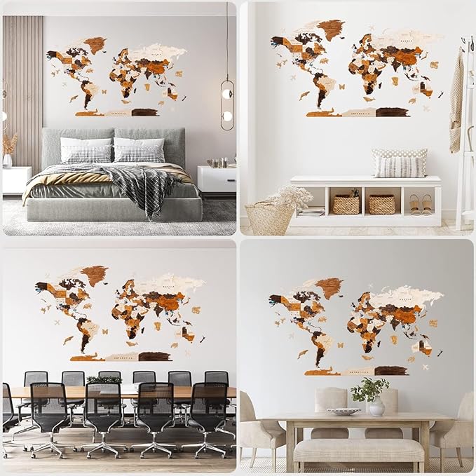HYPERI Multilayered 3D Wooden World Map Wall Decor, Wood Art Wall Decor, Mapa Mundi Para Pared, World Maps and Push Pins, Valentine's Day Gifts For Dad, Mom, Boss, Husband, Wife (Medium)