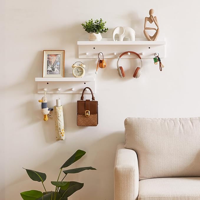 Wood Coat Hook with Wall-Mounted Shelf,23.62in Entryway Wall Hanging Shelf,for Bathroom, Kitchen,Coat Towel Key Organizer White YD-WS0260W