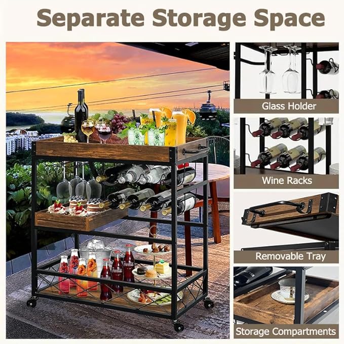 Vintage Bar Cart with Removable Tray and Wheels, Mobile Home Bar Serving Cart with Wine Rack, Glass Holder and Storage Shelves, 3-Tier Rolling Beverage Cart for Home or Patio