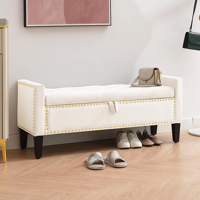 Storage Ottoman Bench, Velvet Upholstered Footstool for Bedroom and Living Room, Tufted Seat with Storage, Wooden Legs & Metal Rivets, Beige