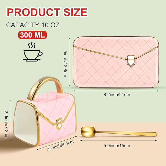 Zubebe 1 Set Coffee Mug Elegant Handbag Shaped Cup Modern Ceramic Purse Mug with Spoon and Saucer, 10oz Cute Creative Tea Cup for Office Home Woman Girls Gift (Pink)
