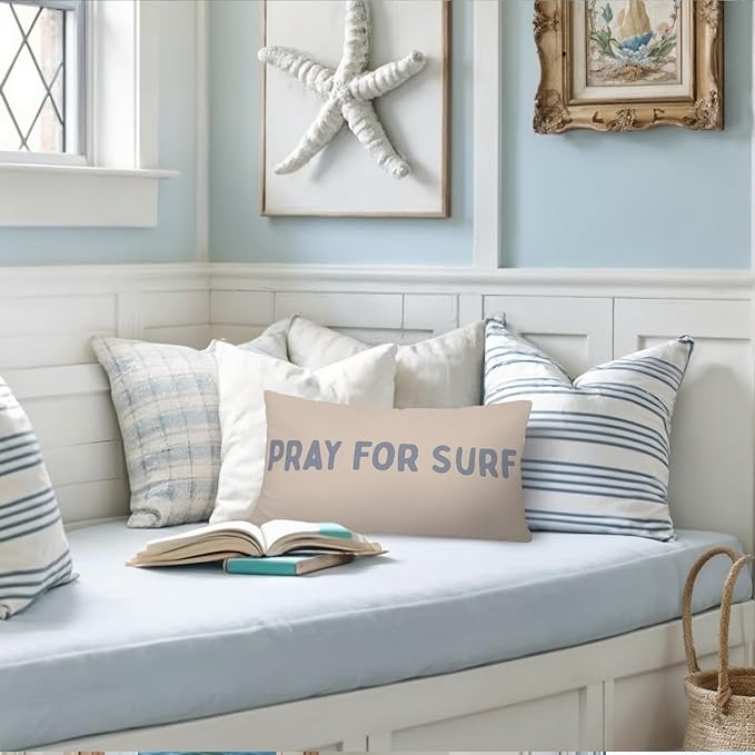 Coastal Beach Room Decor 12x20 Pillow Cover, Beach House Decor, Pray for Surf Coastal Decorative Lumbar Pillow Covers for Girls Boys Bedroom College Dorm Sofa Couch