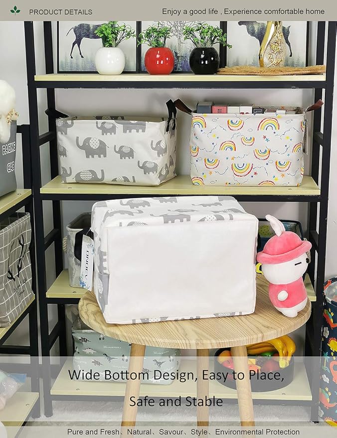 Rectangular Folding Laundry Basket, waterproof Canvas Basket,gift basket,Suitable for children's room,Office,Clothes,Toys Storage (Grey Elephant)