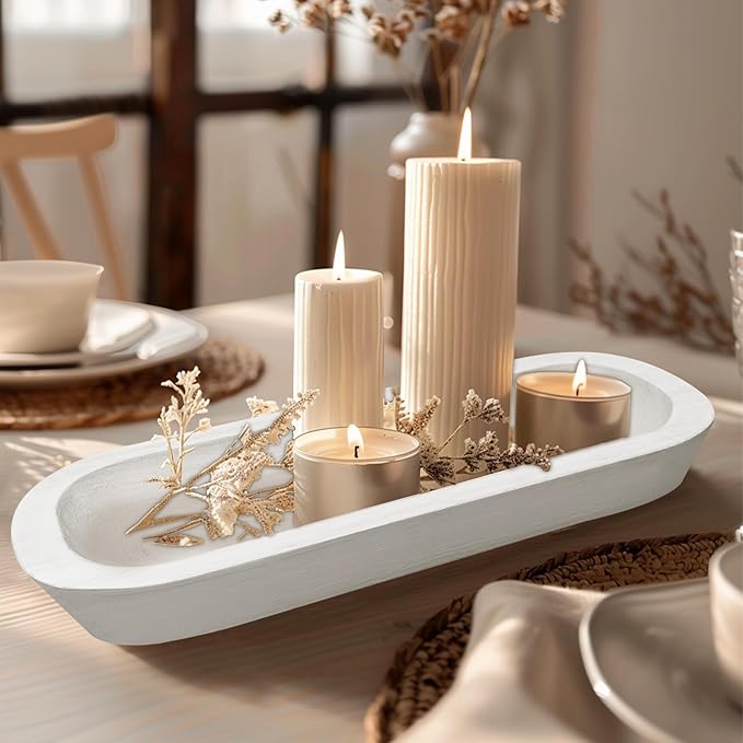 Royxen 8 Pack Dough Bowl for Candle, Wooden Dough Bowls Paulownia, Rustic Bowl Vintage, Bowls for Candle, 14.5 x 5.5 Inch, White