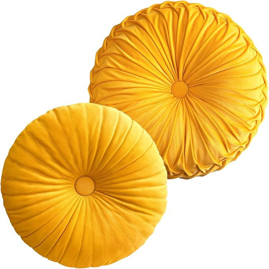 2 Pcs Round Throw Pillows Pleated Velvet Pumpkin Round Pillows Floor Cushion for Living Room Couch Chair Bed Sofa 15.7"x15.7"/13.8" x 13.8" (Yellow)