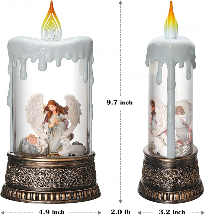 Nativity Snow Globe Candle Christmas Decorations Gifts Auto Snowfall Glitter Music Collection Angel Nativity Scene with 6H Timer USB/Battery Powered 9.7 inch