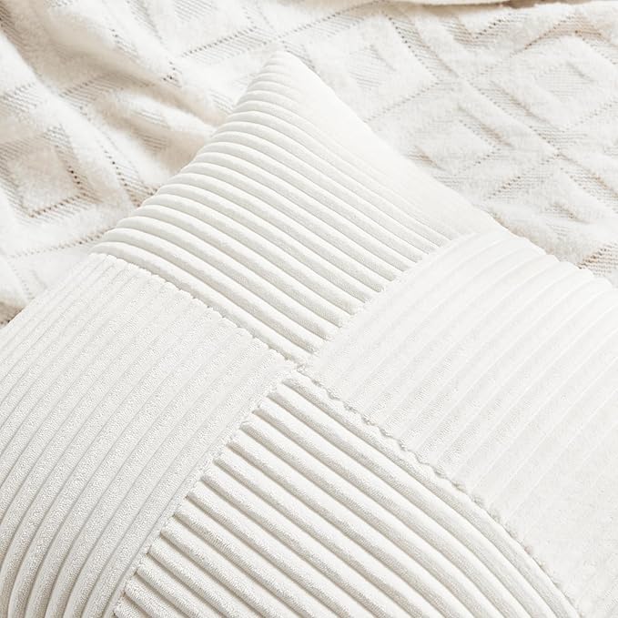 Fancy Homi 2 Packs Cream White Long Lumbar Decorative Throw Pillow Covers 16x24 Inch for Couch Bed Sofa, Rustic Farmhouse Boho Home Decor, Soft Striped Corduroy Rectangle Accent Cushion Case 40x60 cm