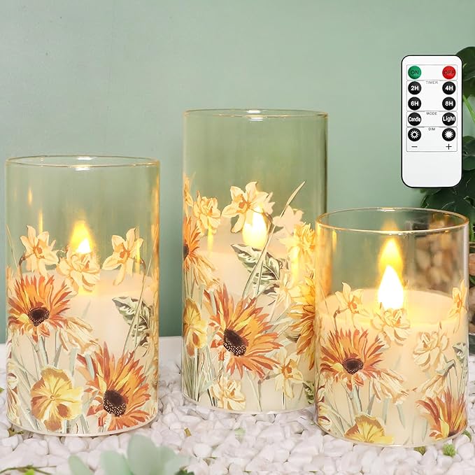 MELTONE Autumn Sunflower Flameless Candles Remote Real Wax Flickering Battery Operated Glass Candles - Home Party Bedroom Birthday Christmas Summer Fall Decorations