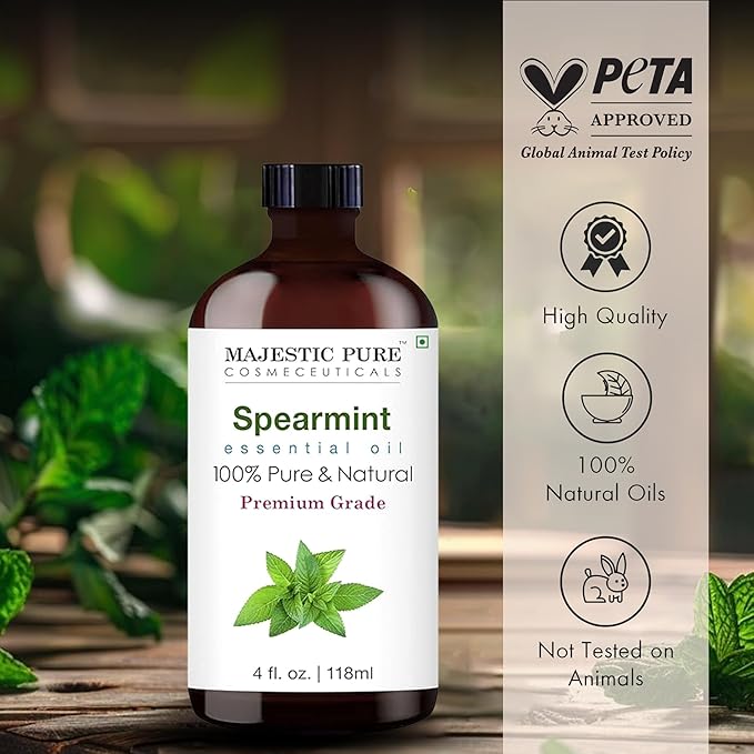 Majestic Pure Spearmint Essential Oil with Glass Dropper - Huge 4 Fl Oz - 100% Pure and Natural Spearmint Oil - Premium Grade Essential Oils for Diffuser, Aromatherapy, Soap and Candle Making