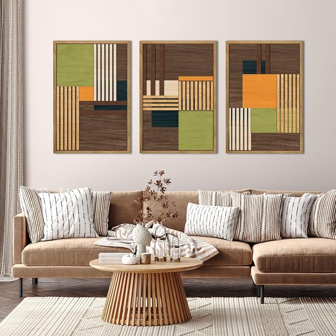 Large Modern Abstract Wall Art Set Minimalist Line Wood Wall Decor Neutral Brown Art Decor Colorful Geometric Wooden Wall Sculptures for Living Room Bedroom Office-16x24Inchx3