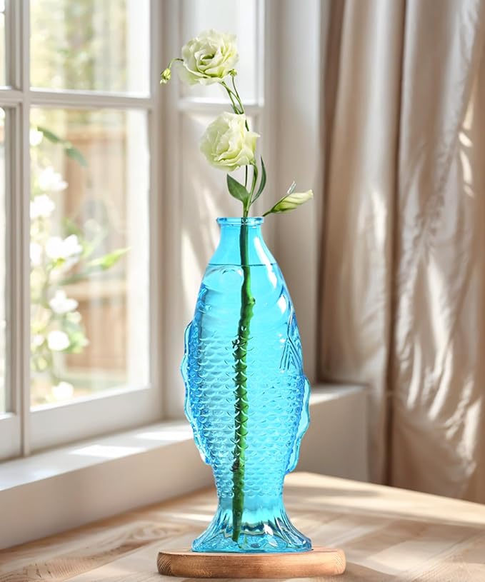 Nacome Fish Vase Glass Plant Terrarium with Wooden Stand,Planter Propagation Station for Home Office Hydroponics Desk Decoration,Unique Gardening Gifts for Plant Lovers Women Mom(Blue)