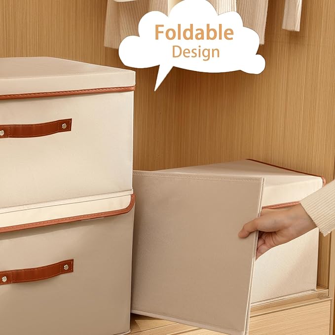 Tuza 2-Pack Large Fabric Storage Bins with Lids, Foldable Storage Boxes with Lids for Organizing, Decorative Storage Boxes with Handles for Home, Bedroom, Closet, Office(Khaki, Medium)