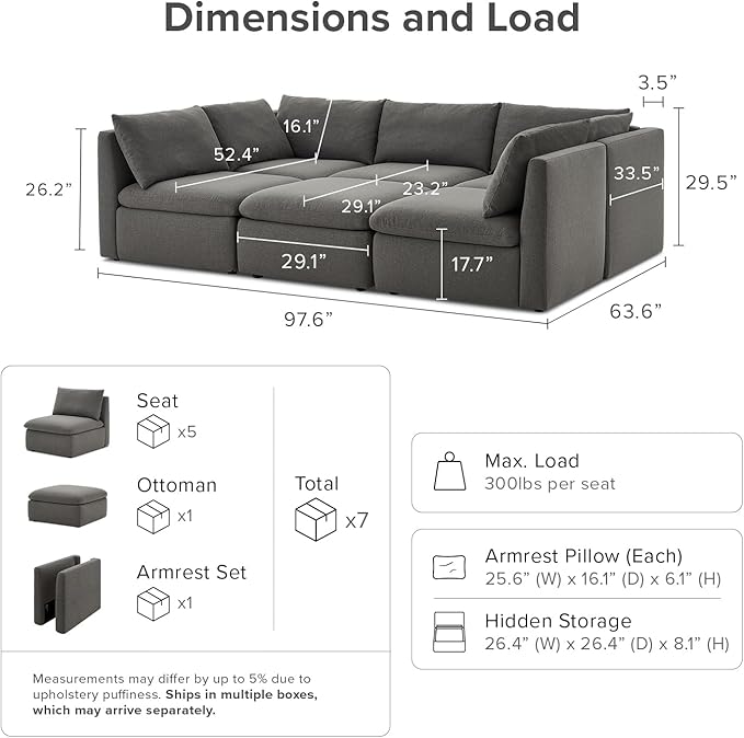 mopio Oversized Modular Sectional Sofa with Fully Removable Covers and Storage, Convertible U, L-Shaped and Sleeper Sectional, Modern Couches with Ottoman Chaise (Stone Gray Fabric, 6 Seats, Sleeper)