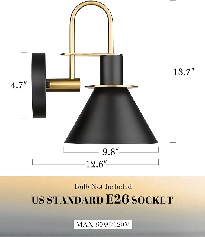 Wall Sconces Set of Two, HWH Modern Sconce Wall Lighting, 1-Light Gooseneck Barn Vanity Light, Industrial Wall Lamp for Bedroom Kitchen Bathroom, Black and Gold Finish, 5HZG56B-2L BK+BG