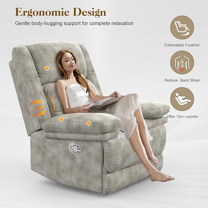 Recliner Chair for Adults, Oversized Manual Pull Tab Reclining Chair, 2-Tier Cushions, Minimalist Style Single Sofa for Living Room, RV (Polished Microfiber)