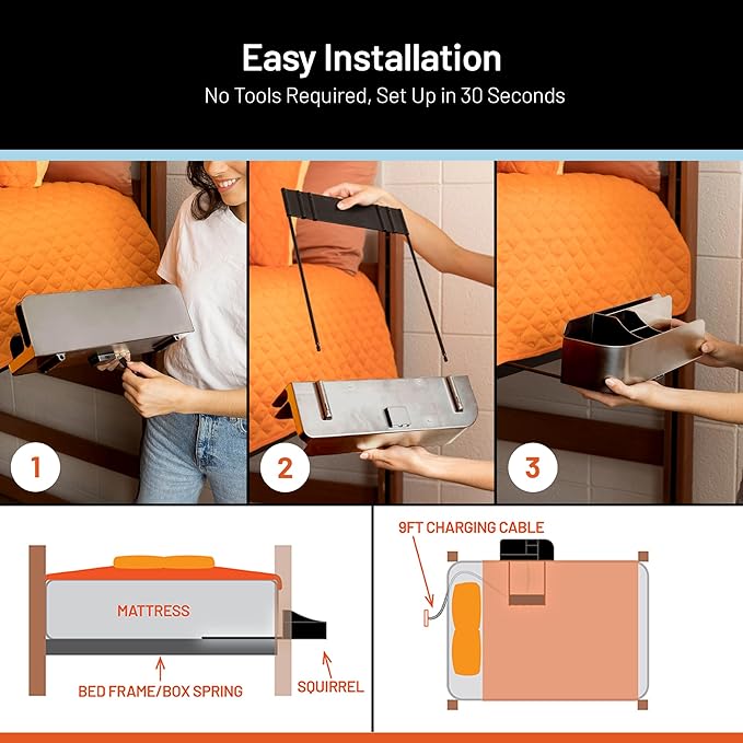 Squirrel Gray Bedside Perch – Perfect dorm gift & small space essential! USB-C & A charging, cup holder fits Hydro Flask, YETI, S'well. Organizes phone, iPad & more on lofted beds, couch, etc.