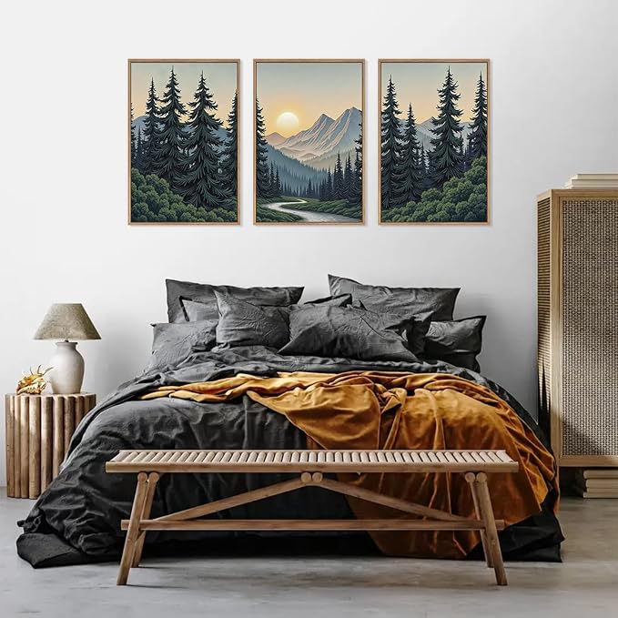 HLNIUC Mountain Forest Sun Framed Wall Art,Large Boho Pine Tree Canvas Wall Decor Set of 3(16”x24”)Ridge Mountain Landscape Picture Prints,Natural Sunset Woodland Wall Painting for Living Room,Bedroom